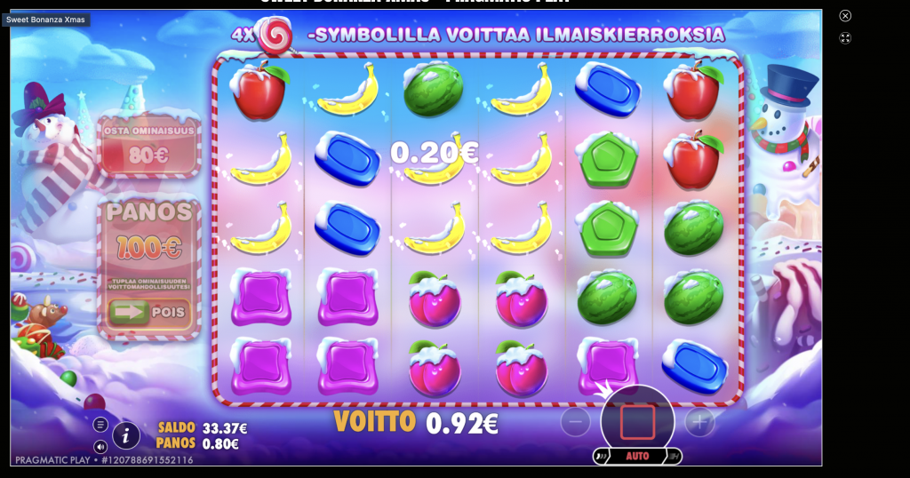 Sweet Bonanza Xmas -pelin pelaaminen Revolut nettikasinolla.
