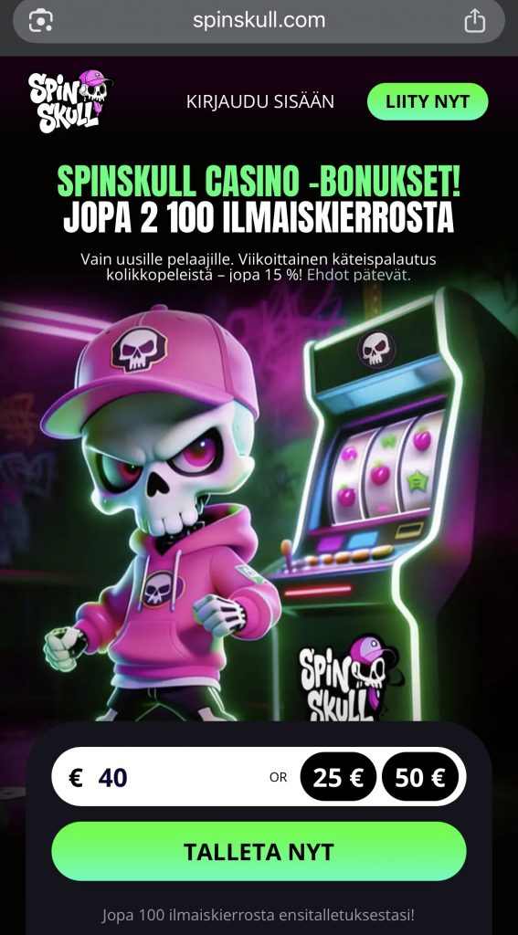 SpinSkull-niminen Revolut pikakasino ja sen etusivu.