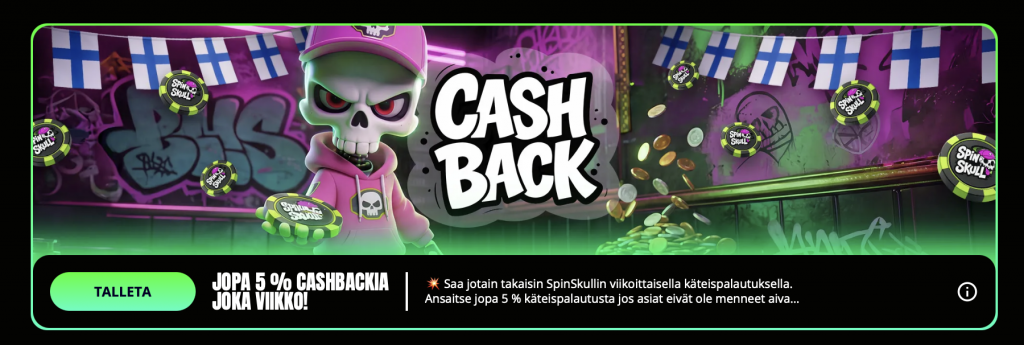 Spin Skull -niminen Revolut casino tarjoaa asiakkailleen jopa 5 % viikoittaista cashbackia.