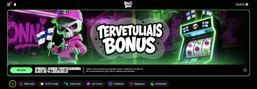 Spin Skull Revolut kasino ja todiste siitä, että pelitilille on tehty 40 euron talletus.