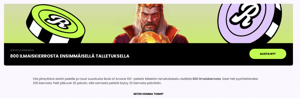 Rullat-nimisen Revolut kasinon 800 ilmaiskierroksen tervetulobonus.
