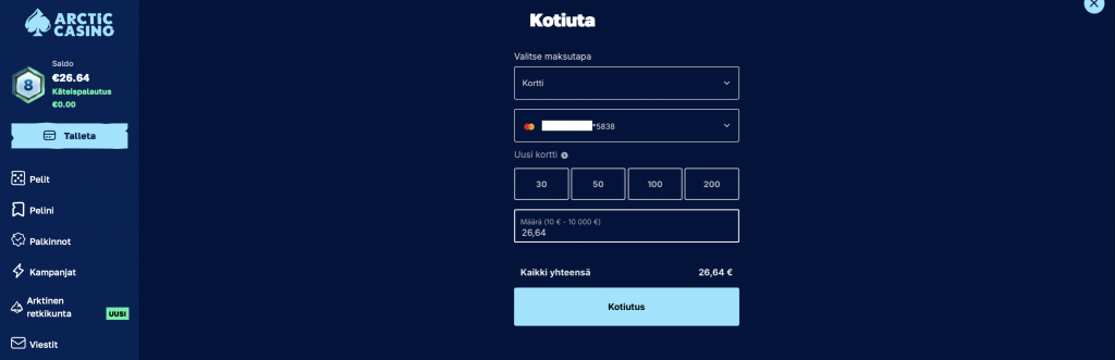 26,64 euron kotiuttaminen Revolut casino -sivuston tililtä Revolut-korttia hyödyntäen.