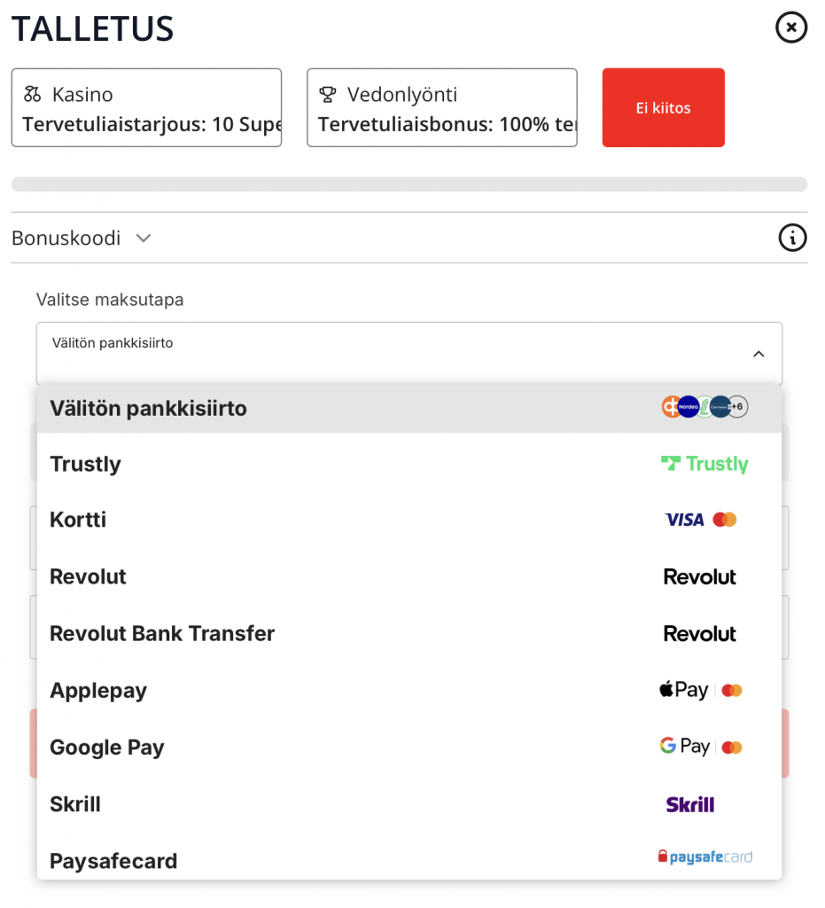 Revolut kasinot tukevat myös muita maksutapoja, kuten listattuna olevat Skrill, Paysafecard ja Mastercard.