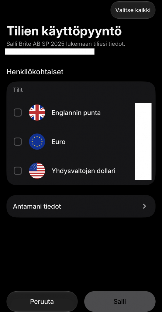 Pankkitilin valinta Revolut-sovelluksessa talletuksen tekemistä varten.