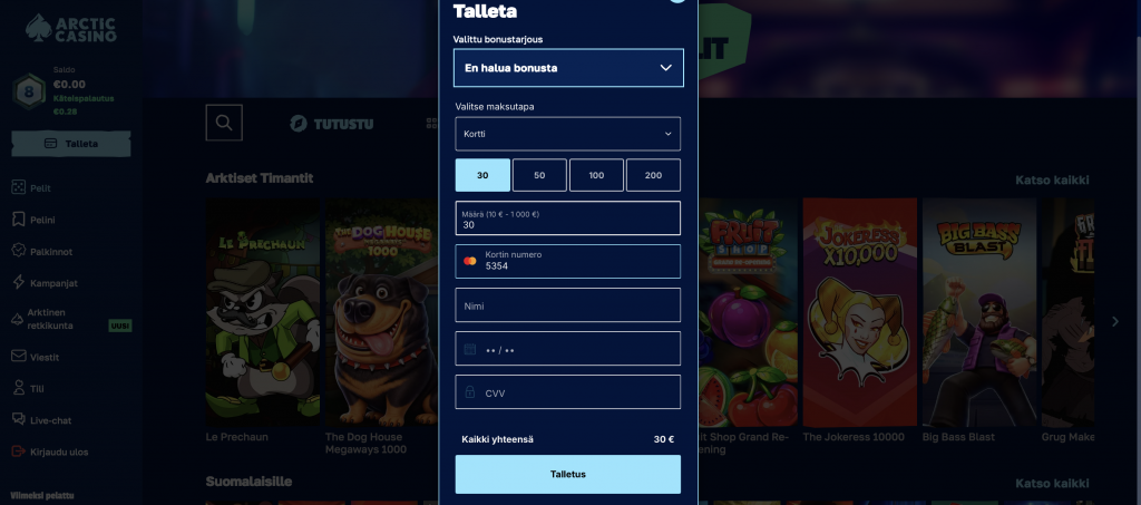 Arctic Casino -nimiselle Revolut kasinolle 30 euron talletus pankkikortilla.
