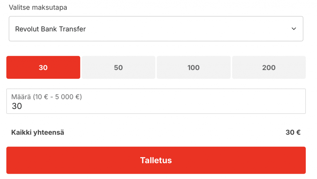 iBet-nimiselle Revolut casino -sivustolle 30 euron talletuksen tekeminen pankkitunnuksilla.